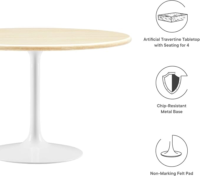 Modway Lippa 48" Round Artificial Dining Table with Tapered, Metal Base, White Travertine
