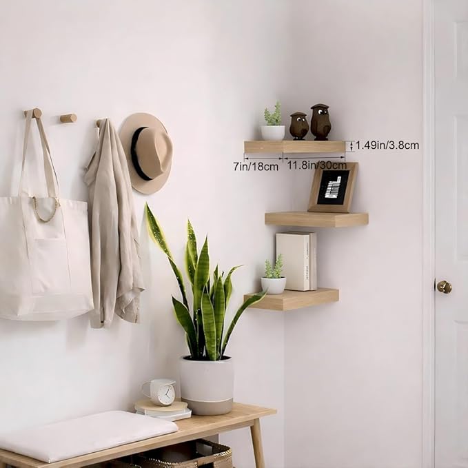 Bathroom Floating Shelves for Wall, Oak Small 11.8" Floating Shelf for Storage, Display Shelf and Farmhouse Rustic Home Decor, Ideal Over Toilet for Bedroom, Kitchen or Living Room, 3-Pack
