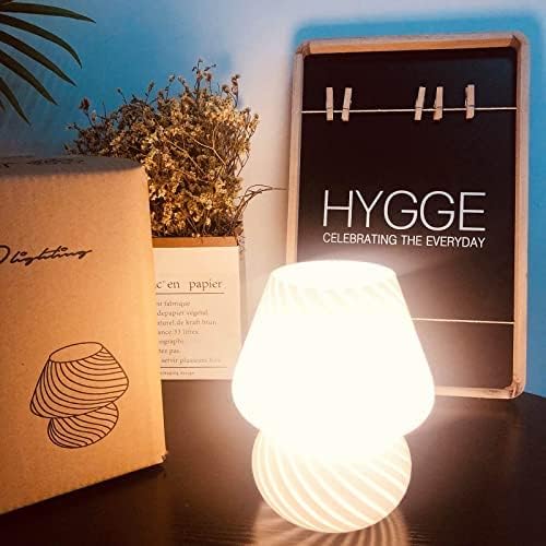 BSOD Mushroom lamp,Glass Mushroom Bedside Table Lamp Translucent Murano Vintage Style Striped Small Nightstand Desklamp Swirl Light for Home Decor, Dining, Living, Bedroom, Gift (Matte White)