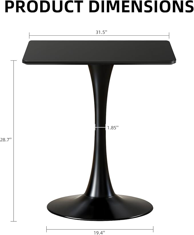 Square Dining Table, 31.5" Tulip Table with Thickened Tabletop & Metal Pedestal, Mid Century Modern Bistro Table for Kitchen, Small Places, Living Room, Cafe (Black)