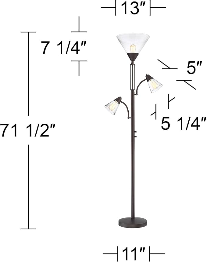 Franklin Iron Works Warwick Industrial Torchiere Tree Floor Lamp LED 3-Light Edison 71.5" Tall Tiger Bronze Metal Clear Seedy Glass Shade for Living Room Reading House Bedroom Home