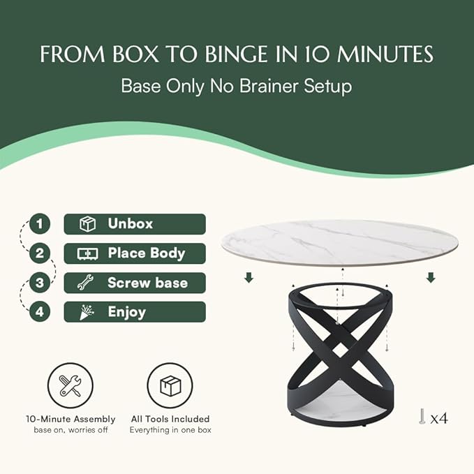 POVISON 59" Modern Dining Table, Glossy White Round Dining Table for 6, Sintered Stone Dining Tabletop with Black X Carbon Steel Base (Table Only)