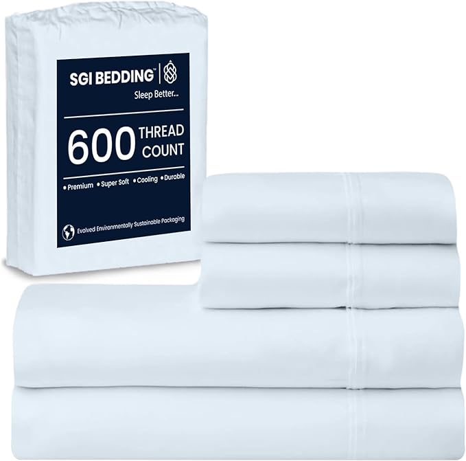 SGI bedding 100% Egyptian Cotton Sheets RV King Size – 600 Thread Count Sheets Set, Soft, Cooling, 15" Deep Pocket, Luxury Hotel Bedding, Breathable, Durable - Light Blue
