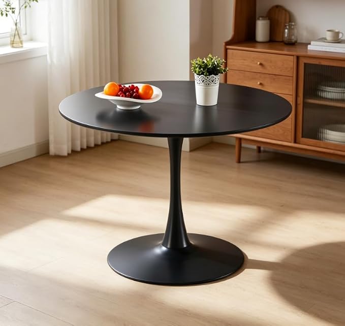 42" Round Black Tulip Dining Table for 4, Modern Pedestal Kitchen Table with Thickened Tabletop, Sturdy Tulip Shape Base, Round Dining Table for Dining Room, Living Room, Cafe