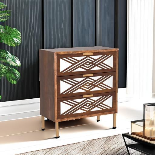 COZAYH 3-Drawer Accent Dresser, Geometric Mirror Front Drawer Organizer Chest with Metal Handles & Legs - Modern Living Room, Entryway, or Bedroom Furniture