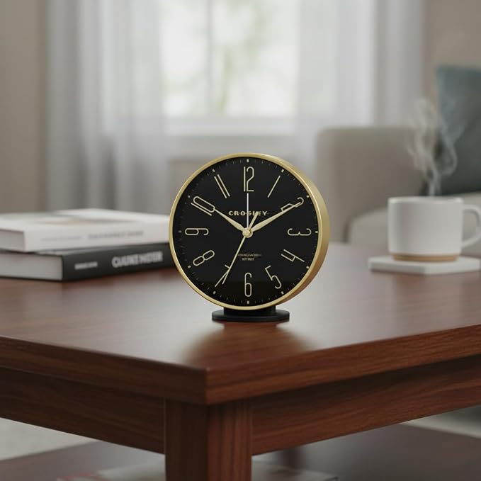 Timelink Crosley Modern Art Deco Alarm Clock for Office, Bedroom, or Desk – Analog Non-Ticking Clock with Easy-to-Read Dial, Gold Metal Frame & Black Face (6-Inch)