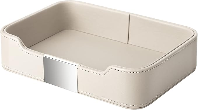SANZIE Luxury Leather Tray Organizer Valet Tray Key Tray for Entryway Table Desktop Storage Catchall Tray Decorative Tray for Jewelry Keys Wallet Phone Watch (Metal Silvered, Grey)