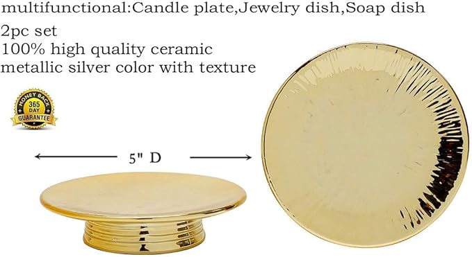 Ceramic Gold Candle Holders Set 2 Modern Pillar Candle Stand Candle plate Table Centerpiece Jewelry dish golden Tray riser display stand for Home,Dinning,Party,Wedding,Birthday,Anniversary Decorations