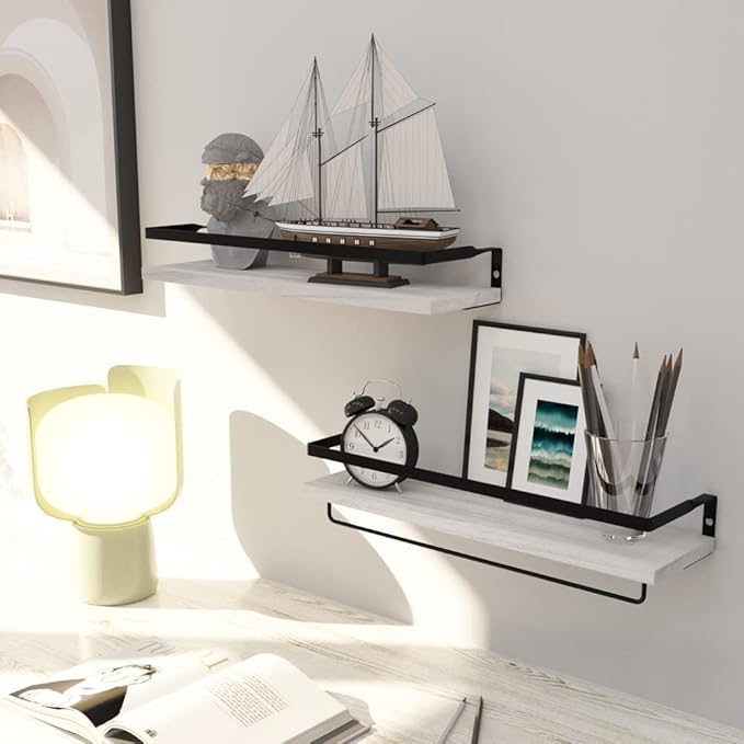 Floating Shelves for Wall, Bathroom Shelves with Towel Bar, Wall Mounted Storage Shelves for Kitchen, Bathroom, Set of 2 White