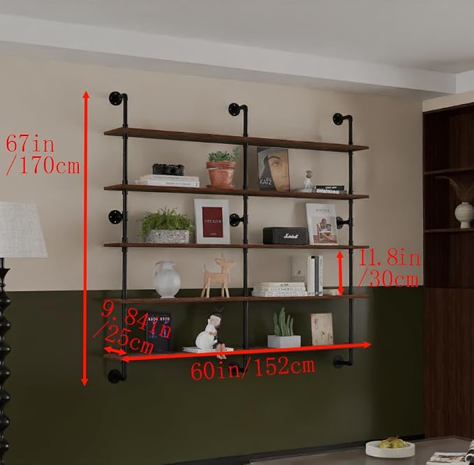 HDDFER Industrial Pipe Shelf Shelving Bookcase, Wall Mounted Rustic Bookshelf 60 Inch, Floating Bookshelves for Wall,Retro Wood Metal Pipe Industrial Shelves for Living Room