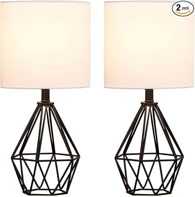 Black Bedside Table Lamps Set of 2, Small Nightstand Lamps for Bedroom, Modern Desk Lamps with TC Fabric Shade Geometric Metal Base for Living Room Study Office Farmhouse