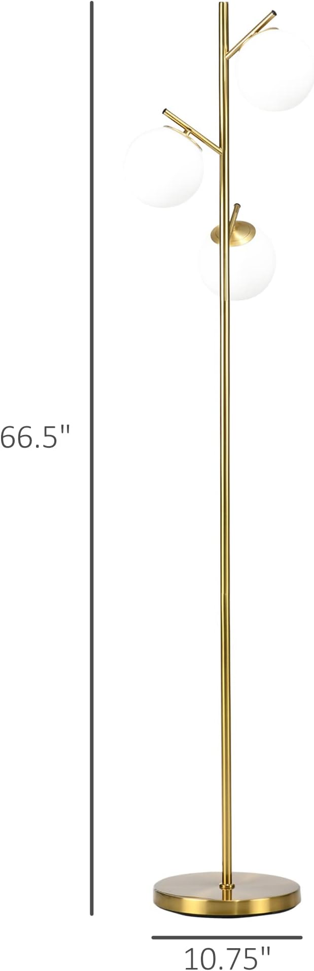 3-Light Tree Floor Lamp, Metal and Glass Modern Standing Lamp for Living Room Bedroom Office, 66.5" H, Gold and White