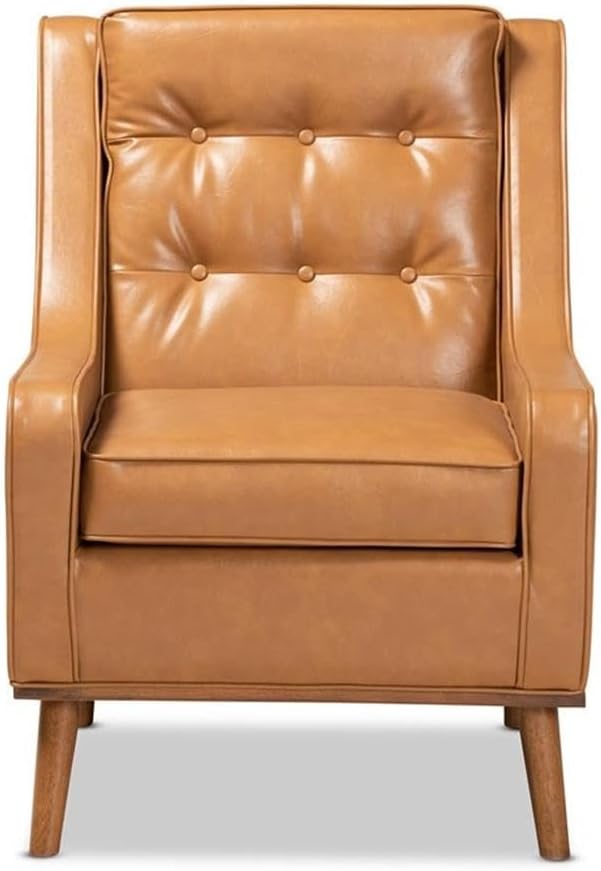 BOWERY HILL Lounge Armchair, Tan Faux Leather Upholstery, Walnut Brown Finished Wood, Button-Tufted Backrest, Removable Seat Cushion, Mid-Century Style, 37.2" H x 27.6" W x 34.1" D Accent Chair for