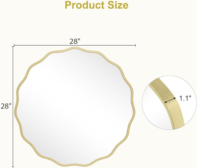 WallBeyond Round Wavy Mirror for Wall Decorative 28 inch, Modern Round Mirror Aluminum Frame for Bathroom Bedroom Living Room Home House Office Entryway, Gold