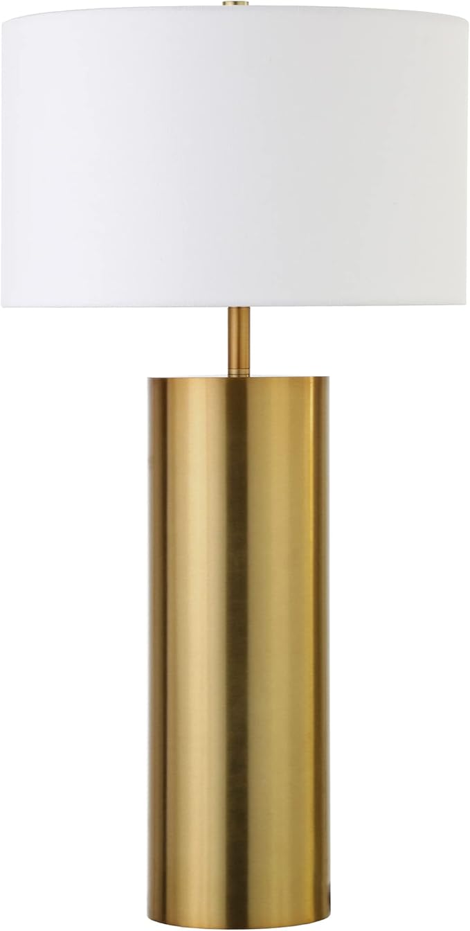 Henn&Hart 29.5" Mid-Century Modern 1-Light Table Lamp with White Fabric Drum Shade for Living Room, Bedroom, or Office, Brass