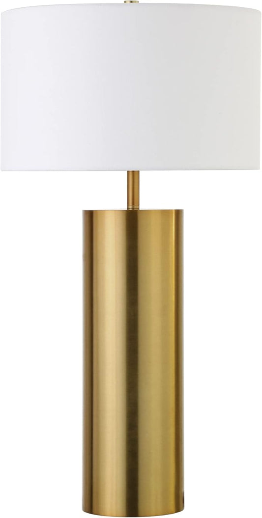 Henn&Hart 29.5" Mid-Century Modern 1-Light Table Lamp with White Fabric Drum Shade for Living Room, Bedroom, or Office, Brass