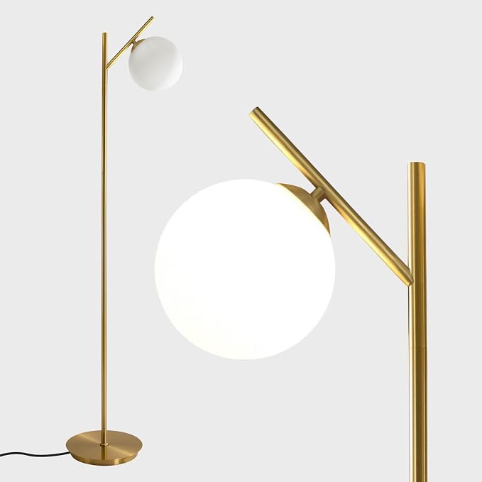 Mid Century Floor Lamp for Living Room Modern Tall Standing Lamp with Frosted Glass Globe Shades Contemporary Brass Freestanding Lamp for Office Bedroom (Gold)