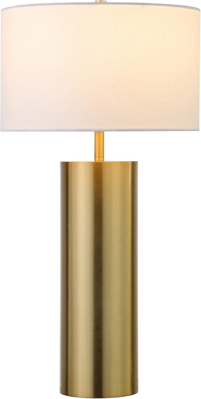 Henn&Hart 29.5" Mid-Century Modern 1-Light Table Lamp with White Fabric Drum Shade for Living Room, Bedroom, or Office, Brass