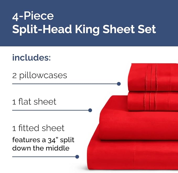 Flex Top Split Head King 4 Piece Sheet Set - Ultra-Soft, Breathable & Cooling Bed Sheets Set - Hotel Luxury Bedding for Women & Men with Deep Pockets - Wrinkle Free & Fade Resistant - Oeko-Tex - Red
