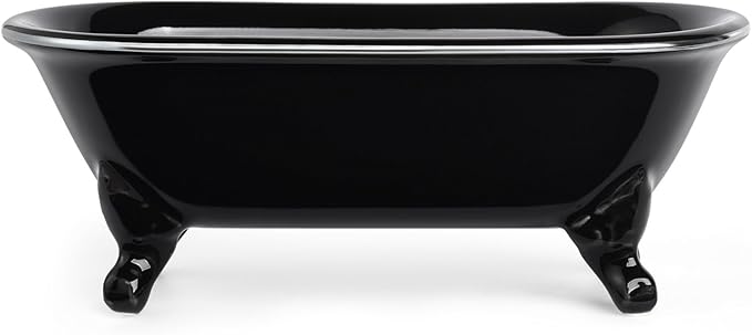 6.5" Ceramic Mini Decorative Clawfoot Bathtub Bar Soap Dish, Kitchen Sponge Holder and Shower Tray for Bathroom, 1 Pack (Black Silver Rim)