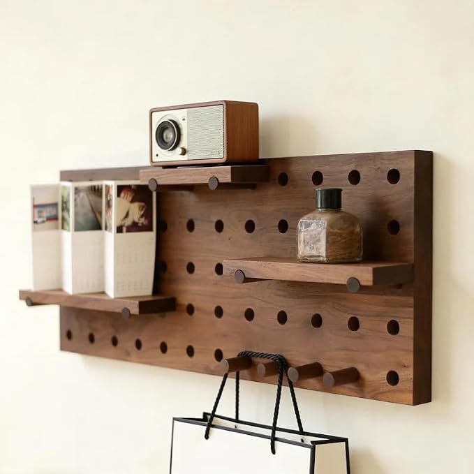 Walnut Wood Pegboard Wall Organizer, Mid-Century Modern Wall Mounted Display Shelf, Modular Wooden Peg Board Shelving Unit with Hooks for Entryway, Bedroom, Office Storage & Decor