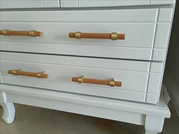 Natural Wood and Brass Kitchen Cabinet Handles 7~9.5 Inch 4Set Center to Center Adjustable Double Hole Modern Dresser Pulls, Unfinished DIY Drawer Knobs