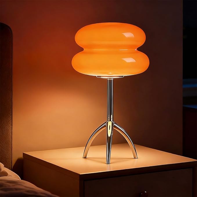 Orange Mushroom Table Lamp Chrome Tripod Base Bedside Lamp Mid Century Modern Lamp Bauhaus MCM Glass Nightstand Lamp for Bedroom Bathroom Livingroom