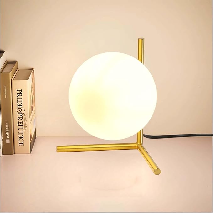 Glass Table Lamp, Minimalist Nightstand Lamps, Metal Standing Reading Light with Glass Ball Shade, Gold Desk Lamp for Bedroom, Office, Study Room, Kids Room (Gold-B-Style)