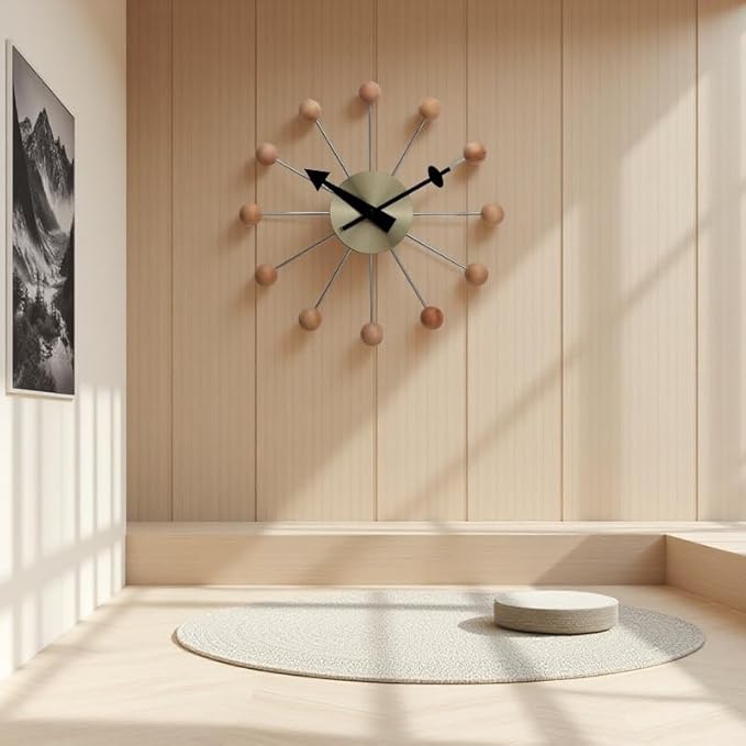 NUOVO 13 Inch Wood Ball Wall ClockMulticolor Mid Century Creative Silent Quartz Personality Funny Decorative Home Living Room Kitchen Office Retro Design Clock