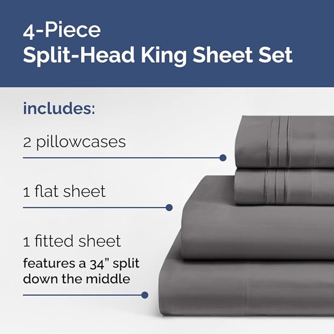 Flex Top Split Head King 4 Piece Sheet Set - Soft, Breathable & Cooling Bed Sheets Set - Hotel Luxury Bedding for Women & Men with Deep Pockets - Wrinkle Free & Fade Resistant - Oeko-Tex - Dark Grey