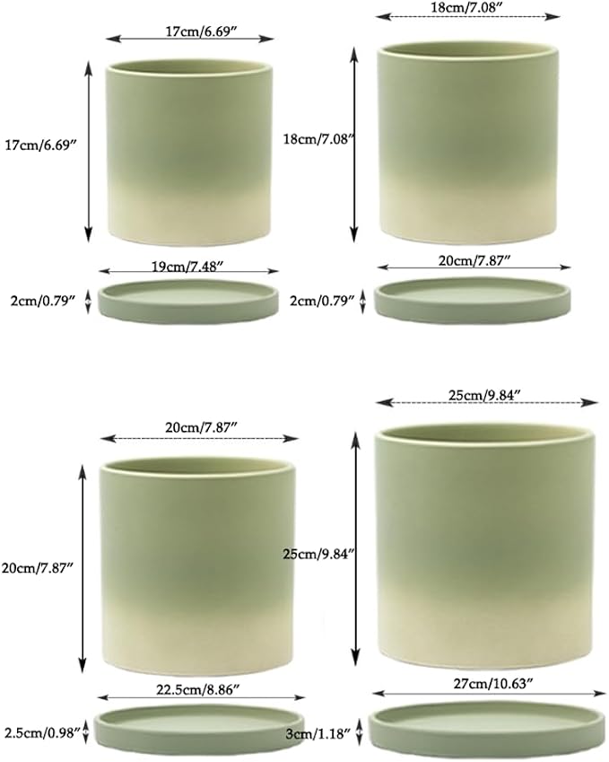 Water-Absorbent and Breathable Ceramic Planters, 9 Inch Straight Tube Pots for Plants, Indoor Plant Pots with Drainage Holes and Saucers, Modern Planters Fit Mid Century Plant Stand