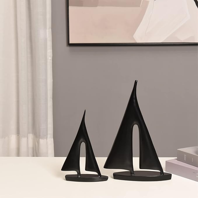Modern Sculptures Home Decor, Sailboat Decor Ornament, Boat Decorations Statue Decor, Art Sculptures and Statues, Sailboat Gifts Home Office Bathroom Shelf Decor (Black-2 Pack)
