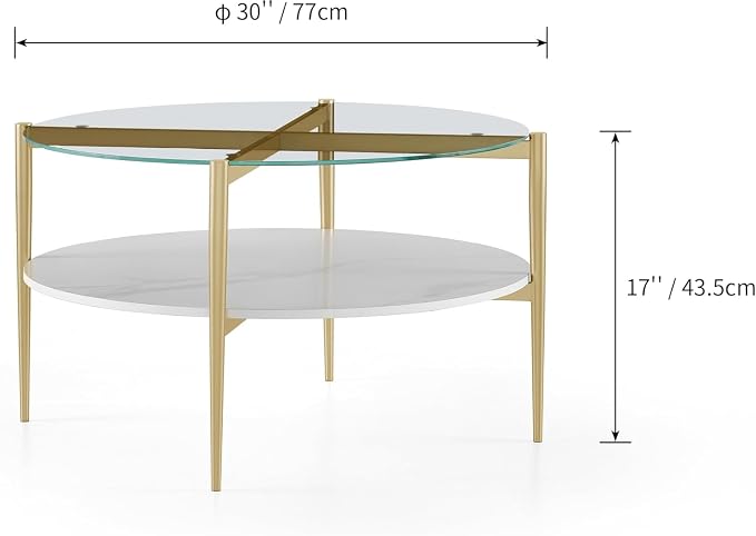 AGV LIGHTING 30" Round Glass Coffee Table,Mid-Century Modern Coffee Table for Living Room, Glod Finish Leg,2-Tier,Tempered Glass Top with White Marble MDF Shelf