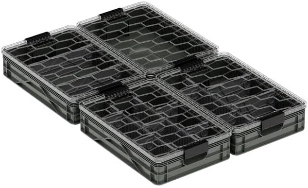 SIDIO Quarter Crate 4 Pack of Stackable Storage Bins - Organizer Bins with Dividers for Garage Organization, Home Storage - Heavy Duty Plastic Containers - 19.16” x 12.75”x 4.57” (Stealth)