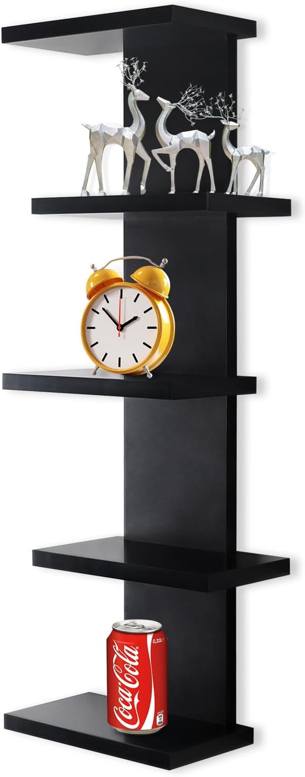 VIWODS 5 Tier Wall Shelf Unit-Black Floating Shelves for Home Decor, Modern Unique Asymmetric Design for Bedroom & Living Room Storage