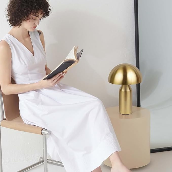 Brightech Venus Mushroom Table Lamp - Modern Lamp for Living Room, Bedroom Side/End Table - Dimmable, Unique Side Table LED Lamp Shade for Office, Reading - Brass/Gold, 14" Tall