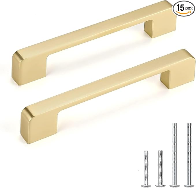 15 Pack 5 Inch Brushed Gold Cabinet Pulls Solid Zinc Alloy Gold Cabinet Handles - Brushed Brass Dresser Drawer Pulls for Kitchen Cabinet Hardware Zinc Alloy Handles
