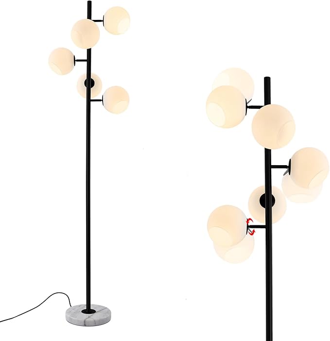 KCO Lighting Five Globe Mid Century Modern Floor Lamp - Milk Glass Shade, Black Finish, Marble Base for Living Room