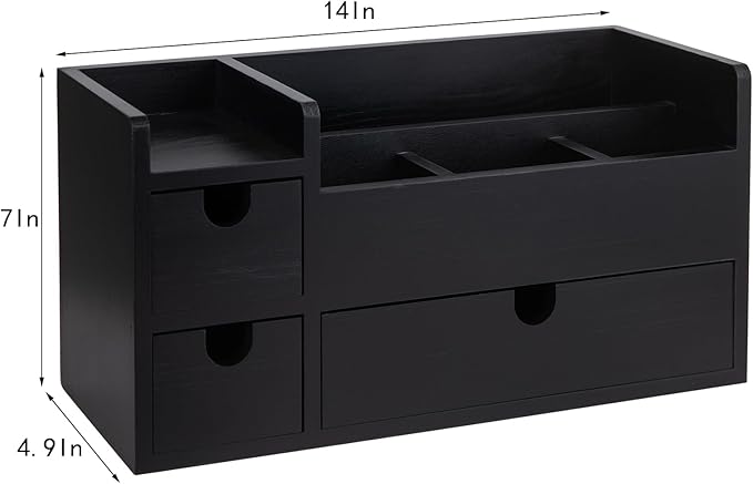 Vintage Black Wooden Desktop Organizer Removable Drawers Office Supplies Wood Storage Cabinet Caddy Box Stationery Pencil Slots Mail Holder Note Pads Accessories Home Makeup Tools Cosmetics
