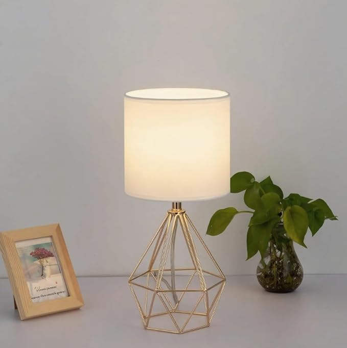 Gold Modern Hollow Out Base Bedroom Small Table Lamp,Bedside Nightstand Lamp with Geometric Metal Base White Fabric Shade,Cute Desk Lamp for Kids Living Room