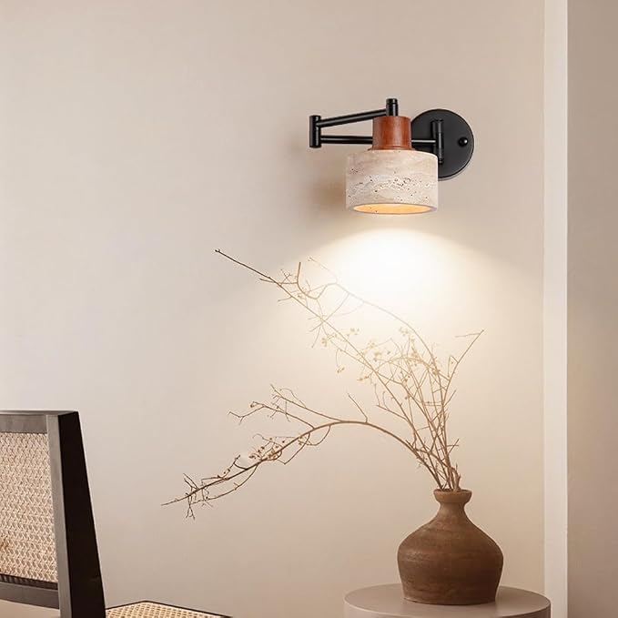 American Retro E27 Wall Sconce - Natural Yellow Travertine Swing Arm Lamp for Bedroom, Living Room, Study, and More