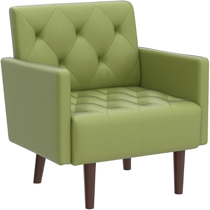 Faux Leather Accent Chair, Modern Retro Arm Chair for Living Room and Bedroom Tufted Upholstered Sofa Club Chair Comfy Armchair for Small Spaces Bedroom Office (Olive)