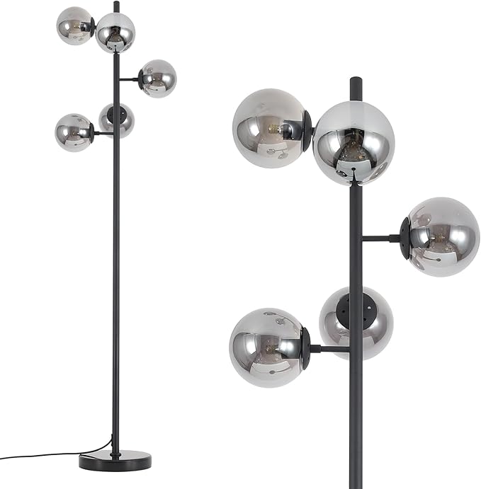 KCO Lighting Smoked Glass Floor Lamp Modern Globe Floor Lamp Farmhouse Black Standing Lamp Multi Head Floor Lamps for Living Room Bedrooms Office