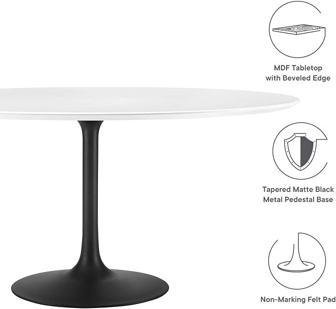 Modway Lippa 60" Round Wood Dining Table, White Top, Black Base