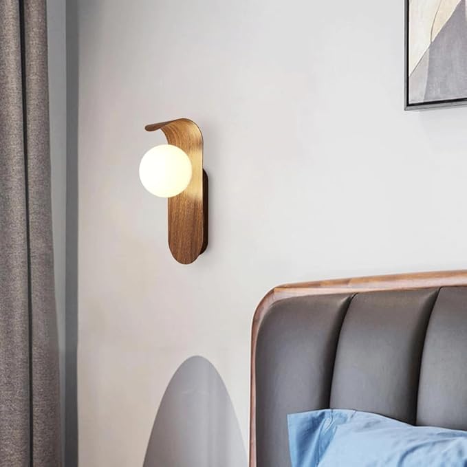 Mid Century Wall Sconce Walnut Texture Glass Globe Wall Lighting Wood Industrial Farmhouse Wall Light Bedside Indoor Retro Industrial Wall Mounted Lamp for Living Room Bedroom Bathroom