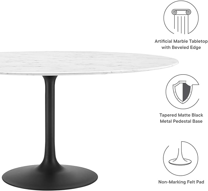 Modway Lippa Round 60" Mid-Century Modern Artificial Marble Dining Table in Black White
