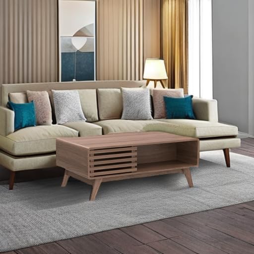 mopio Ensley Coffee Table, Mid Century Modern Table with Storage, Farmhouse Wood Coffee Table for Living Room Fluted (Walnut)