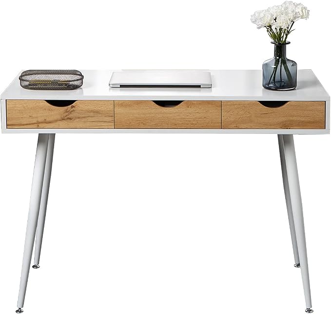 DlandHome Computer Desk with Drawers Mid Century Modern Desk 41.3 Inches Vanity Desk with 3-Drawers, Office Desk with Drawers Writing Desk Study Table Makeup Tables, Bedroom Dresser Table