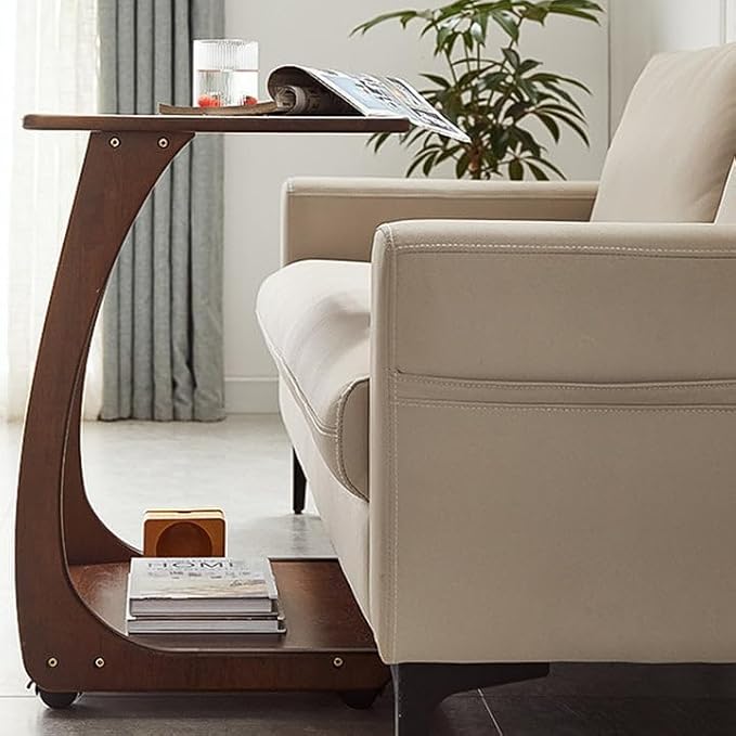 COZYMATIC Emerson Solid Wood End Table with Rolling Wheels, C Shaped Side Table, TV Tray Table, Couch Table that Slide Under for Small Space, Living Room, Bedroom (Walnut)-Large
