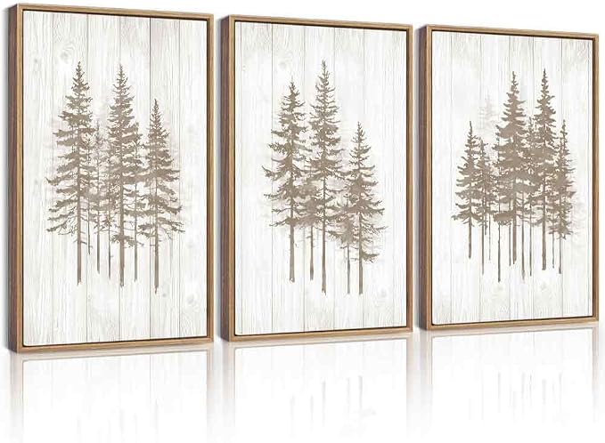 KUVIOKE Foggy Misty Pine Tree Framed Wall Art Watercolor Nature Abstract Forests Wall Decor Rustic Minimalist Painting for Bedroom Dining Room 16x24in (Natural Framed)